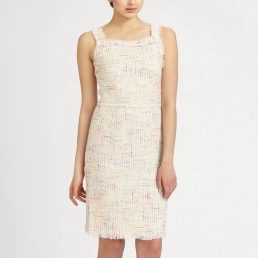 Theia Multi-colored Fringe-trim Tweed Sheath Dress Size 16